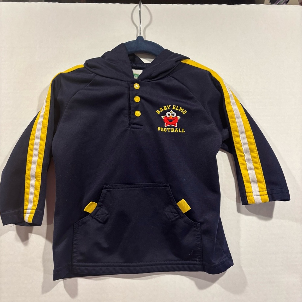Y2K Sesame Street Baby Elmo Football Hoodie - Navy and Yellow